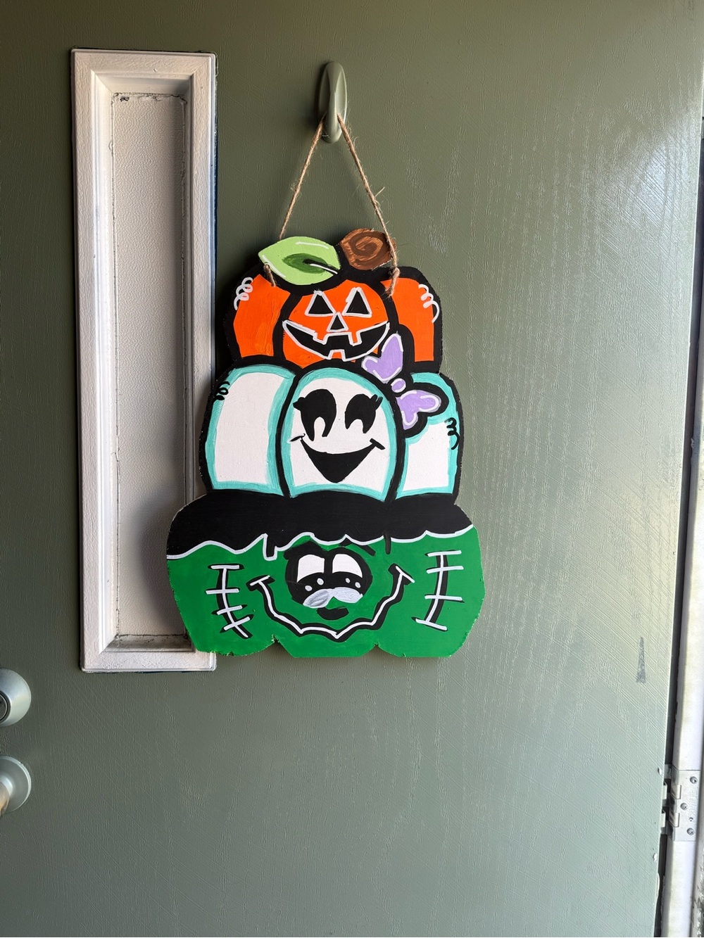 Hand-Painted Halloween Stacked Pumpkins Door Hanger - Green/Orange/White